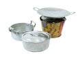 Pot pan and stove tin toy with clipping path on white background Royalty Free Stock Photo