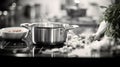 A pot and pan on a stove top with some vegetables, AI Royalty Free Stock Photo