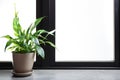 Pot with peace lily on windowsill. House plant Royalty Free Stock Photo