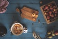 Pot with peach slices and fresh fruits in box. Jam making Royalty Free Stock Photo