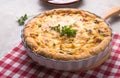 Pot pie. Individual open chicken mushroom tart with puff pastry crust. top view