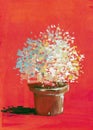 Pot plaint flower red background watercolor gouache acrylic hand painted artwork