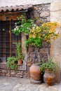 Pot Plants Outside Historical Stone Building, Galixidi, Greece Royalty Free Stock Photo