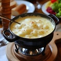 A pot of rich, melted cheese fondue ready for dipping, accompanied by a rustic bread and salad backdrop