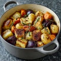 A pot of roasted vegetables with carrots and thyme. Royalty Free Stock Photo