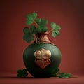 Pot and shamrock leaves on a table and redish background with soft lighting. St. Patrick\'s Day Celebration