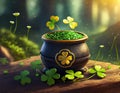 Pot Of Shimmering Green Sequins And Clover Leaves Sits On A Wooden Surface Against A Mystical Forest Royalty Free Stock Photo