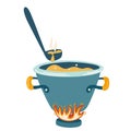 Pot of soup and a ladle. Soup of the day, vegan, sketch cooking style, badge, emblem. For badges, labels, logo, restaurant, menu,
