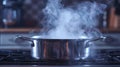 A pot of steam is coming out from a cooking pan on the stove, AI Royalty Free Stock Photo
