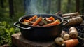 A pot of stew with carrots and potatoes, simmering outdoors in a forest setting Royalty Free Stock Photo