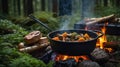 A pot of stew simmering over a campfire in a lush forest setting Royalty Free Stock Photo