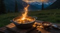 Delicious Creamy Fish Stew Cooking on Campfire at Sunset in the Mountains Royalty Free Stock Photo