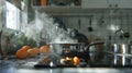 Pot on stove with steam rising, cooking in progress Royalty Free Stock Photo