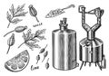 Pot Swan necked copper stills distillery for making alcohol. Engraved hand drawn vintage retro sketch for logo or