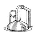 Pot Swan necked copper stills distillery for making alcohol. Engraved hand drawn vintage retro sketch for logo or