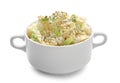 Pot with tasty boiled rice and avocado on white background Royalty Free Stock Photo