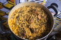 A pot of tasty Egusi soup cooked with assorted meat and fish Royalty Free Stock Photo