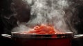 Pot of tomato sauce simmering on the stove, with steam rising from the pot. Nice texture and deep red color.