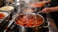 Pot of tomato sauce simmering on the stove, with steam rising from the pot. Nice texture and deep red color.