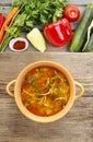 Pot of tomato soup and fresh vegetables Royalty Free Stock Photo