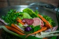 Pot with vegetables on soup meat onion leek parsley cabbage Royalty Free Stock Photo