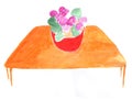 Pot of violets on the table. Watercolor flower. Beautiful design illustration. Hand drawing modern