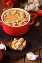 Potaje de garbanzos, a spanish chickpeas stew, on a wooden table