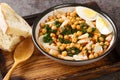 Potaje de vigilia chickpea stew with spinach and cod close-up in a bowl on the wooden tray. Horizontal Royalty Free Stock Photo