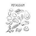 Potassium-containing food. Groups of healthy products containing vitamins and minerals. Set of fruits, vegetables, meats