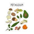 Potassium-containing food. Groups of healthy products containing vitamins and minerals. Set of fruits, vegetables, meats