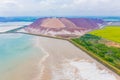 Potassium waste piles near reservoir aerial landscape. Environmental problems