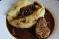 Potates puree and pork with mushrooms