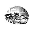 Potato against farm tractor in a field