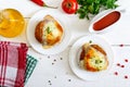 Potato balls with minced meat in deep fat, baked with mozzarella. Royalty Free Stock Photo