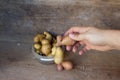 Potato banner, ugly potatoes on a wooden background. Potato heart. Preparing potatoes for planting season