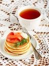 Potato and cheese pancakes with salted red fish cream cheese and dill. Breakfast Royalty Free Stock Photo