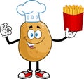 Potato Chef Cartoon Character Gesturing Ok And Holding Up A French Fries