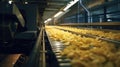 Potato chip manufacturing in a bustling factory. Royalty Free Stock Photo