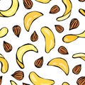 Potato Chips and Almond Seamless Fast food Pattern. Realistic Vector Illustration Isolated On a White Background Doodle Royalty Free Stock Photo