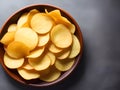 Potato chips. Beer snacks, sauce, potato on cutting board, on dark background, AI Generated Royalty Free Stock Photo