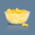 Potato Chips in bowl. Fried potatoes in deep transparent plate. Royalty Free Stock Photo