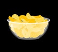 Potato Chips in bowl. Fried potatoes in deep transparent plate. Royalty Free Stock Photo