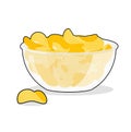 Potato Chips in bowl. Fried potatoes in deep transparent plate. Royalty Free Stock Photo