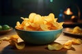 Potato chips in a bowl, an irresistible crunchy treat awaits Royalty Free Stock Photo