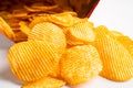 Potato chips, delicious BBQ seasoning spicy for crips, thin slice deep fried snack fast food in open bag