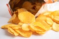 Potato chips, delicious BBQ seasoning spicy for crips, thin slice deep fried snack fast food in open bag