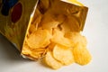 Potato chips, delicious BBQ seasoning spicy for crips, thin slice deep fried snack fast food in open bag