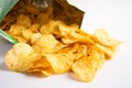 Potato chips, delicious spicy for crips, thin slice deep fried snack fast food in open bag