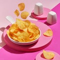 Potato chips are falling on a heap on a pink background. Flying potato chips