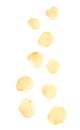 Potato chips falling isolated on white background Royalty Free Stock Photo